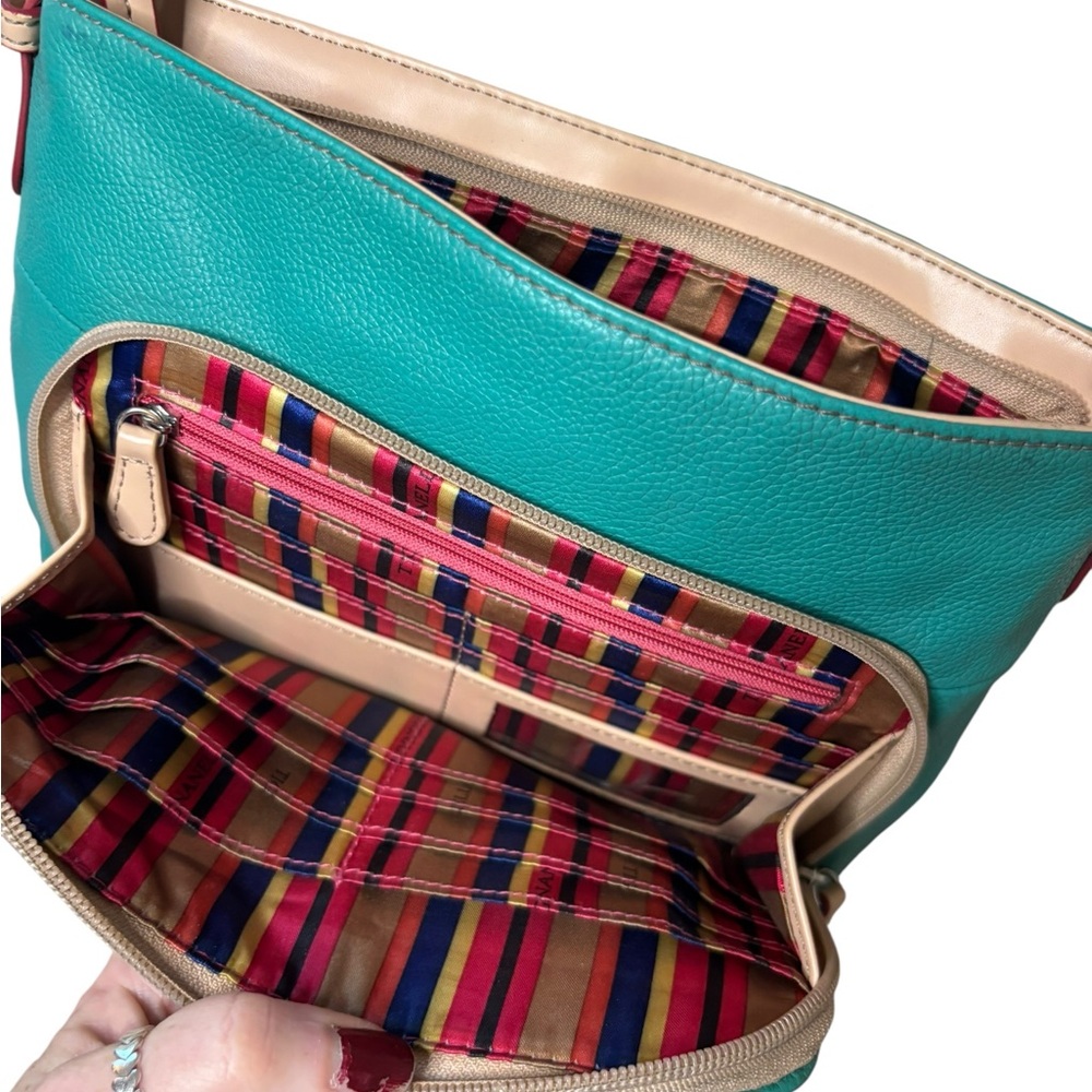 Tignanello Leather Crossbody Teal Tan Colorblock 10x7 Multi Pocket - Picture 6 of 9